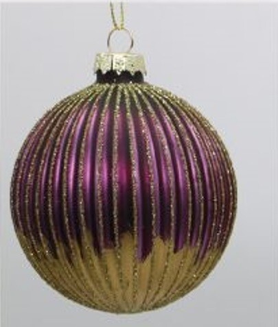 Fluted glass ball ornament, purple with matte gold bottom and glitter bands, 80mm/3 in  12            
