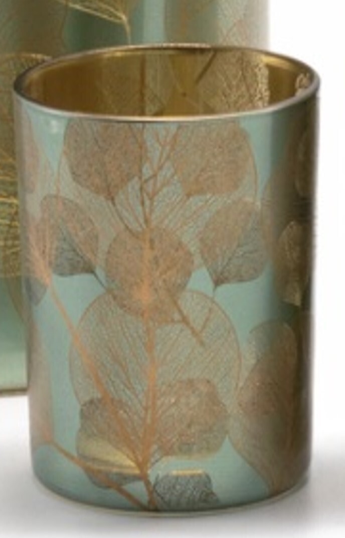 Glass holder table piece, gold interior with blue/green exterior and leaf pattern, 4 in  6