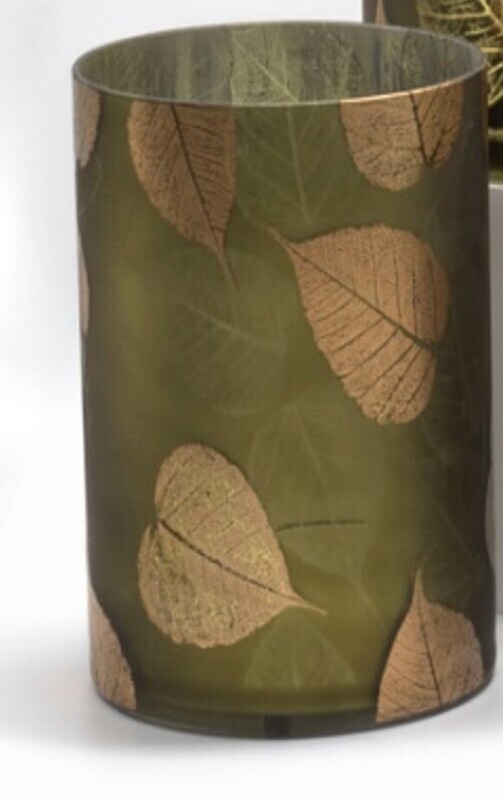 Glass holder table piece, silver interior with olive green exterior and aspen leaf pattern, 3 in  12