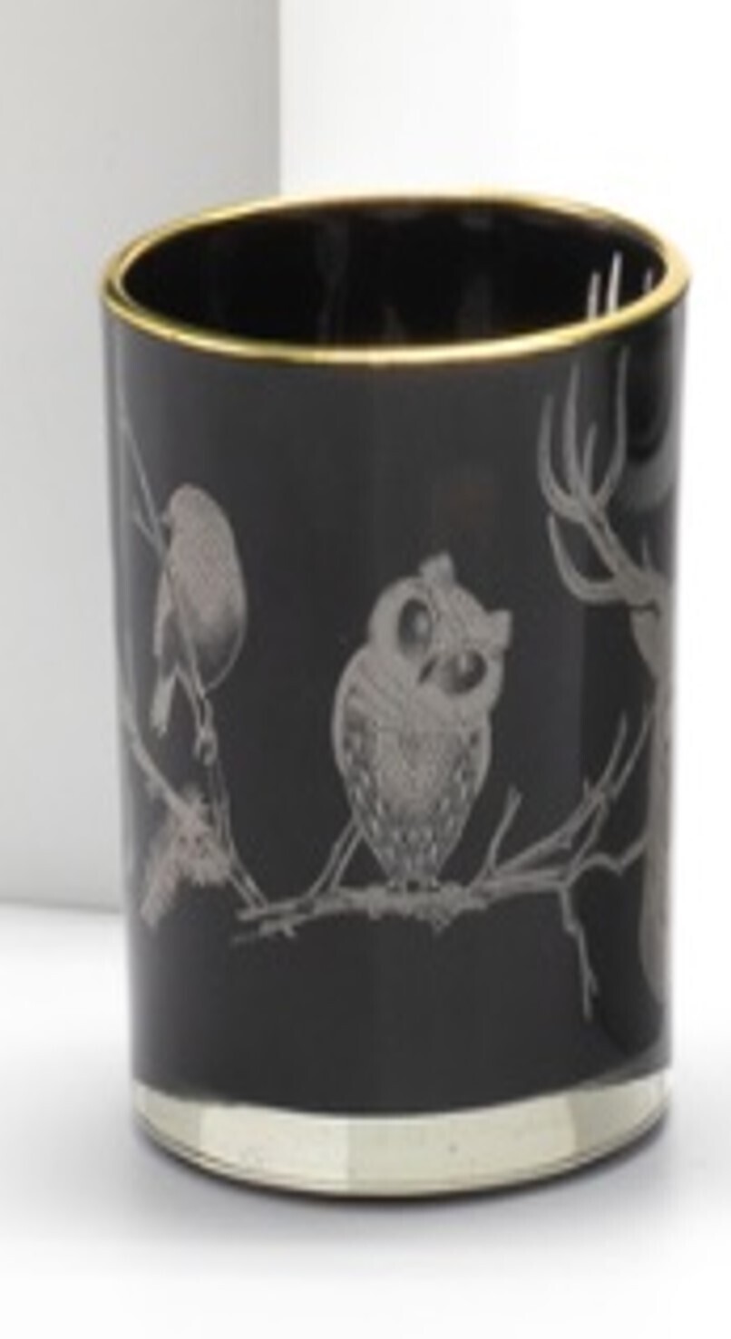 Glass holder table piece, black with owl, bear and stag motif, gold rim, 5 in  6