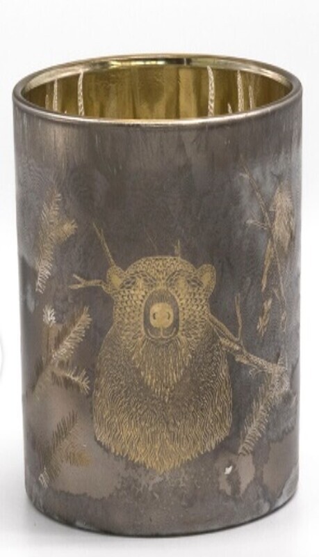 Glass holder table piece holder, antique silver frost finish. Hidden owl, bear and stag motif when lit, 3 in  12