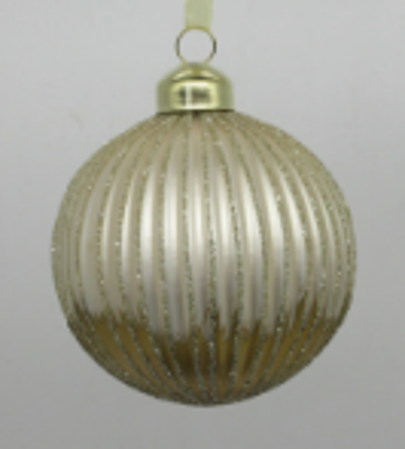 Fluted glass ball ornament, pale matte gold with gold foil bottom and gold glitter bands, 80mm/3 in  12            