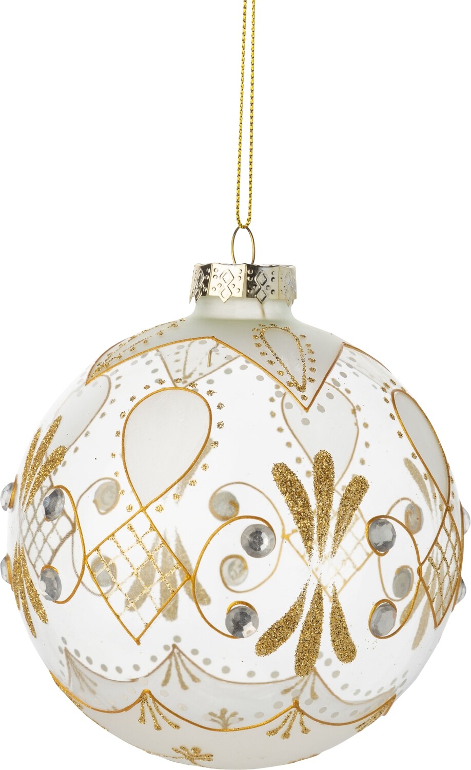 Glass ball, clear with opaque pattern, gold glitter and clear diamantes, 100mm/4 in  12            