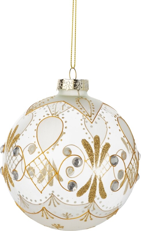 Glass ball, clear with opaque pattern, gold glitter and clear diamantes, 100mm/4 in  12            