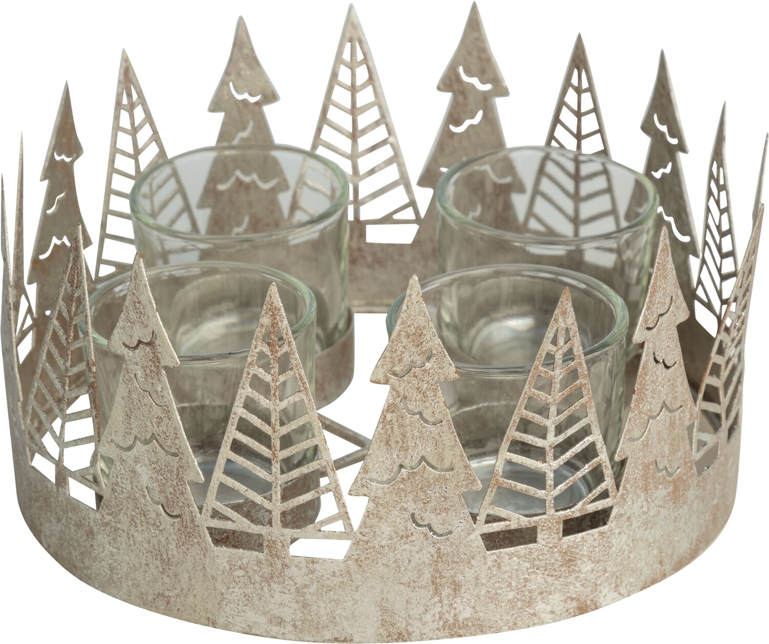 Silver foiled metal candle ring with 4 glass votive holders, modern tree pattern, 6.5 dia  2