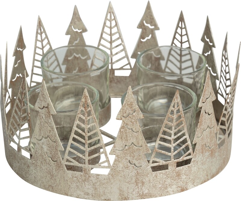 Silver foiled metal candle ring with 4 glass votive holders, modern tree pattern, 6.5 dia  2