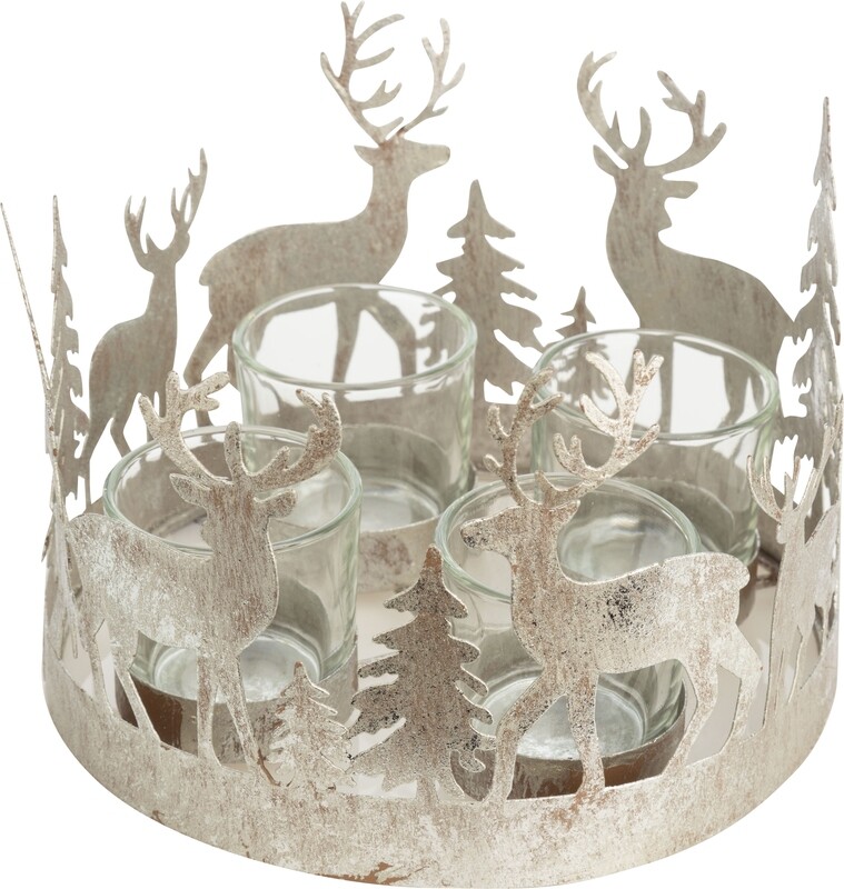 Silver foiled metal candle ring with 4 glass votive holders, reindeer scene pattern, 6.5 dia  2