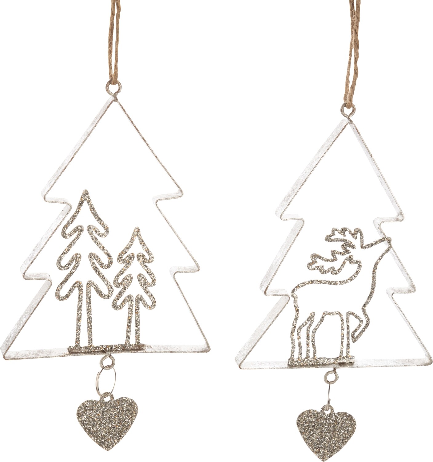 2 Asst&#39;d silver glittered metal tree frame ornaments, deer scenes, 4.5 in   12            