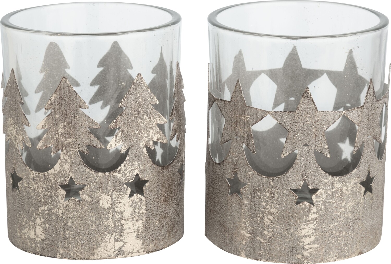 2 Asst&#39;d antique silver foiled metal pillar holders with glass inserts, Tree and star motifs, 3 in  8            