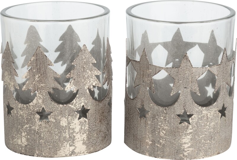 2 Asst&#39;d antique silver foiled metal pillar holders with glass inserts, Tree and star motifs, 3 in  8            
