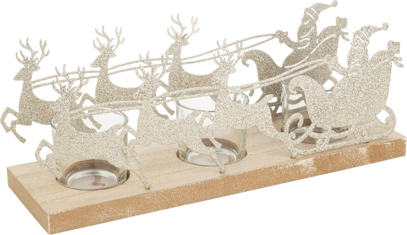 Silver glittered metal Santa in sleigh with reindeer votive holder, 3 glass holders, 2 sided, 11 in  2            