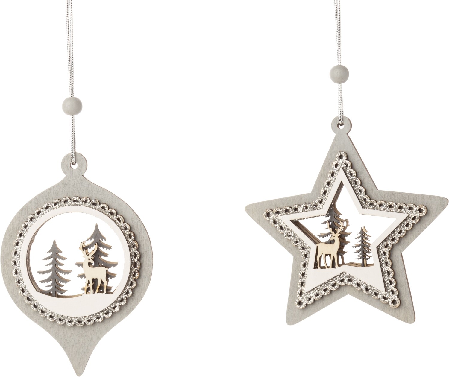 2 Asst&#39;d printed wood drop and star ornament white, grey and silver, 4 in  24      