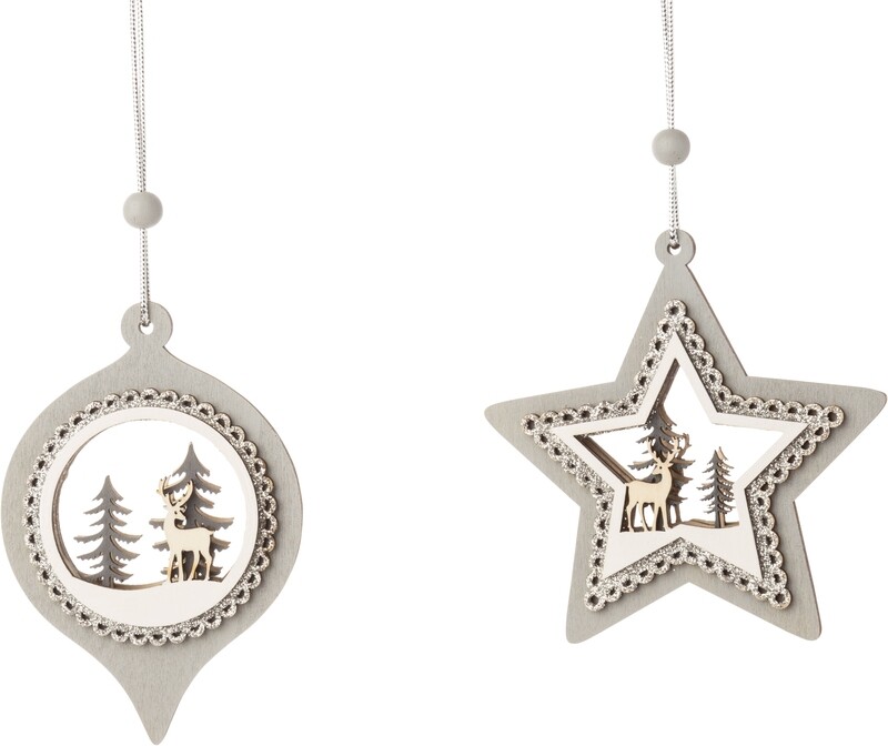 2 Asst&#39;d printed wood drop and star ornament white, grey and silver, 4 in  24      