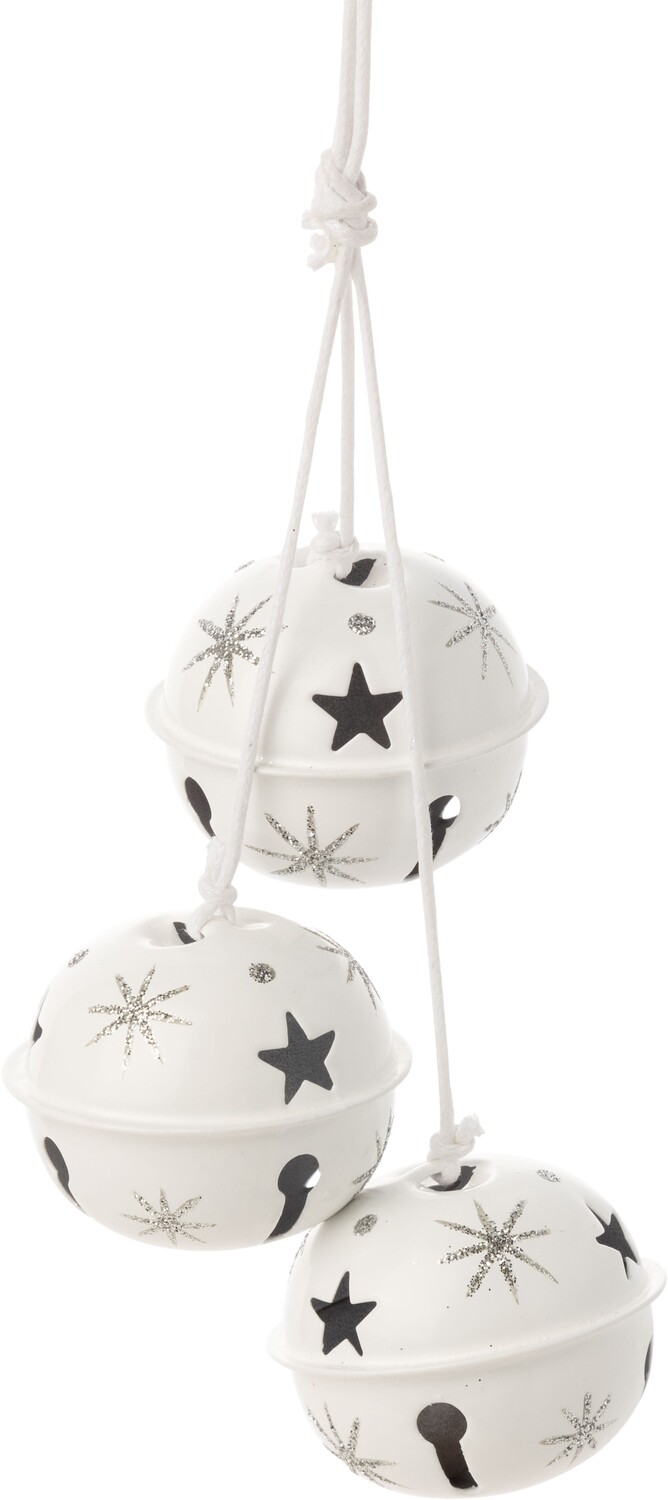 String of 3 white jingle bells, white silver glitter  snowflakes, 11 in  12            