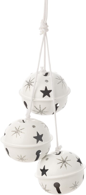 String of 3 white jingle bells, white silver glitter  snowflakes, 11 in  12            