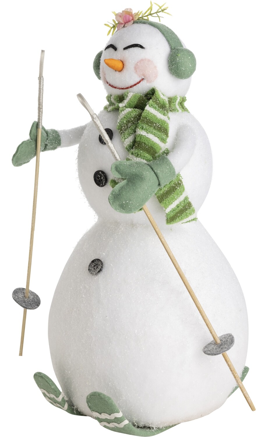 Large felt skiing Snow Woman table piece, earmuffs  and green accessories, 18 in  2            