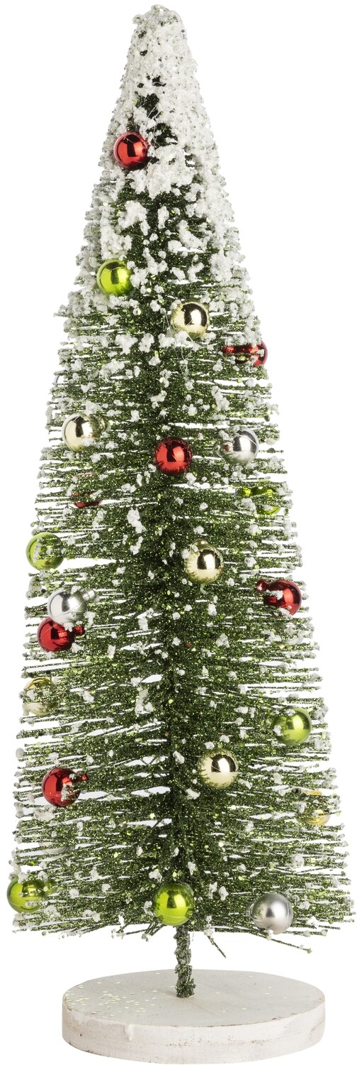Green bristle tree with green glitter, mini ornaments and white snow top, white glittered wood base, 18 in  4            