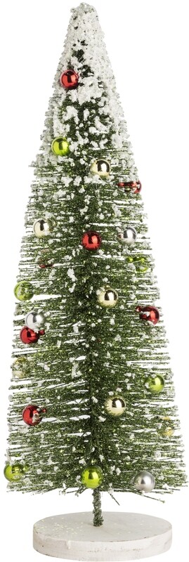 Green bristle tree with green glitter, mini ornaments and white snow top, white glittered wood base, 18 in  4            
