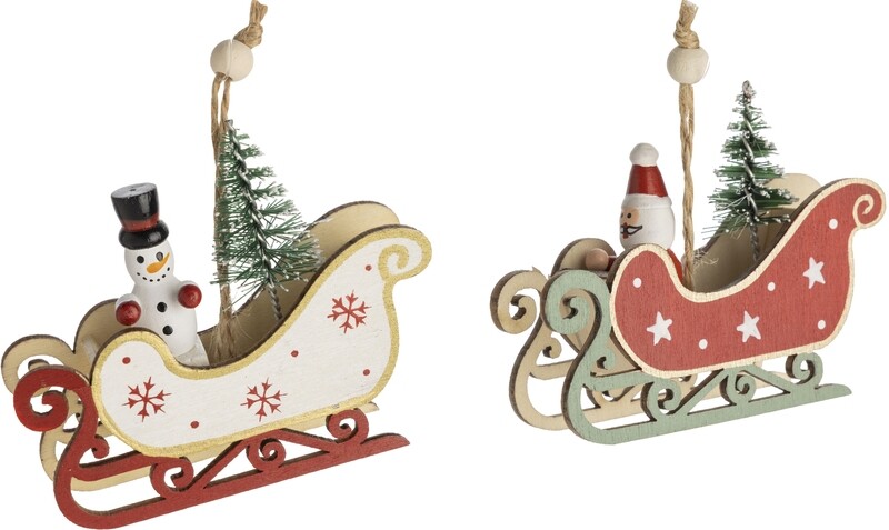 2 Asst&#39;d mini sleigh ornaments with Santa and snowman, tiny trees red &amp; white, 3 in  12            