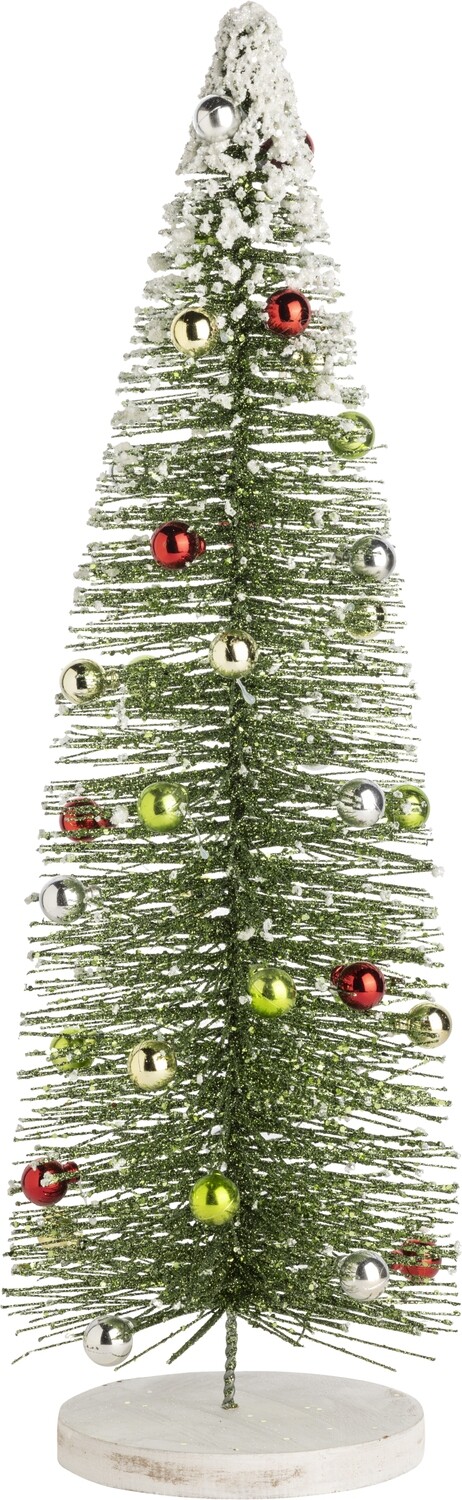 Green bristle tree with green glitter, mini ornaments and white snow top, white glittered wood base, 21 in  4            