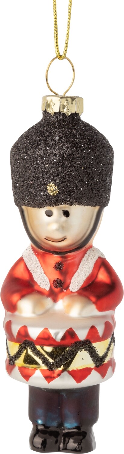 Glass drummer boy ornament with glittered hat, 3.75 in  12            
