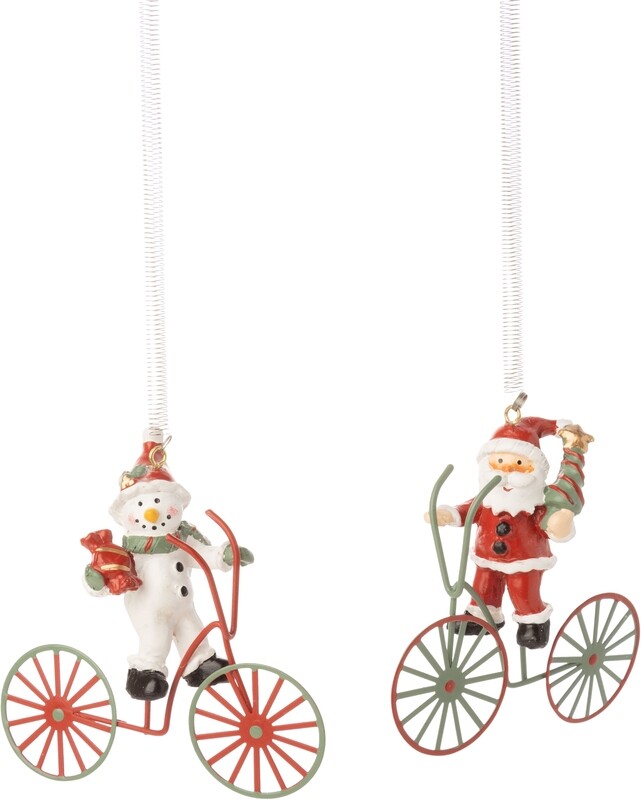 2 Asst&#39;d Santa and snowman on bicycle ornaments with spring hangers, 4.5 in  12            