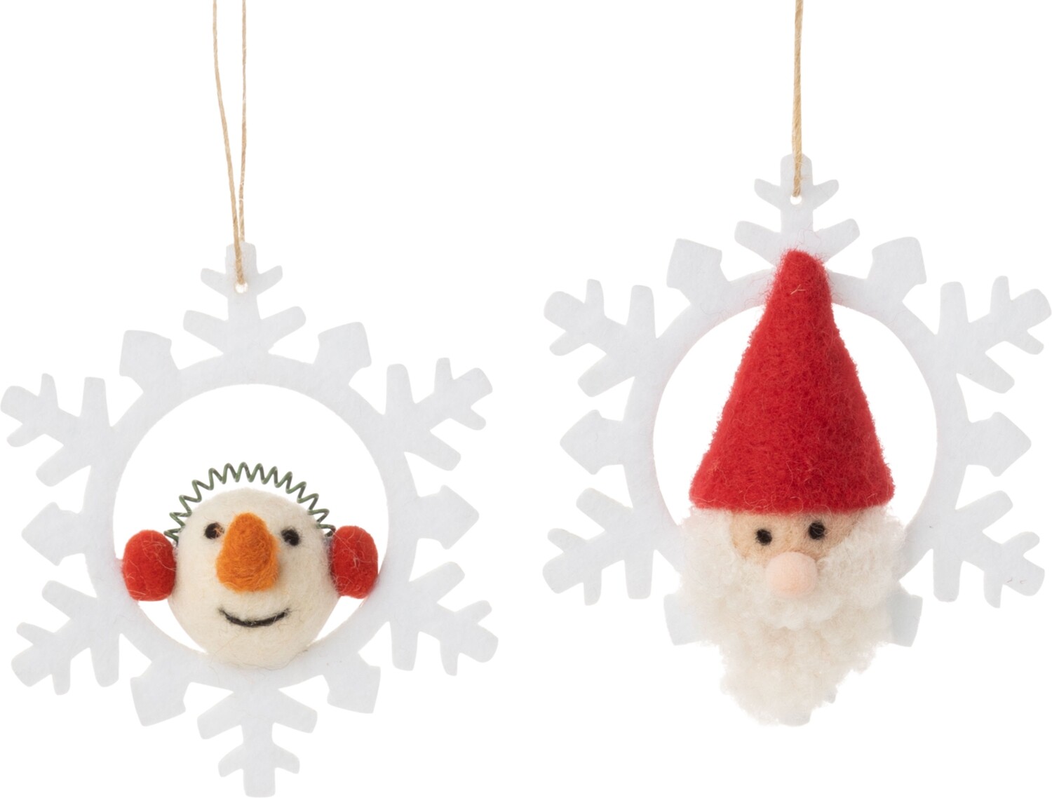2 Asst&#39;d felt Christmas Santa and Snowman in snowflake ornaments, 3.75 in  24      