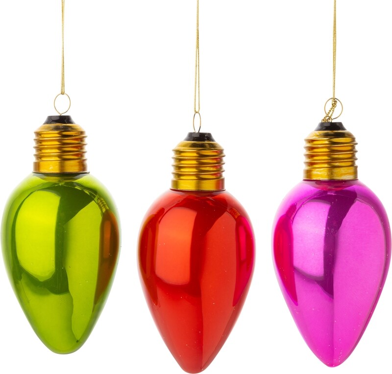 3 Asst'd glass holiday light bulb ornaments, shiny pearl finish, 4.5 in  24            