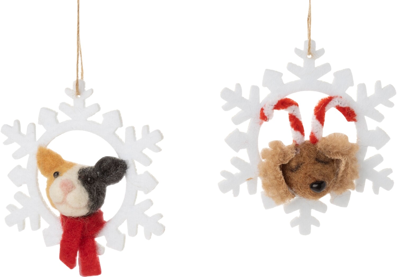 2 Asst&#39;d felt Christmas dog and cat in snowflake ornaments, 3.75 in  24            