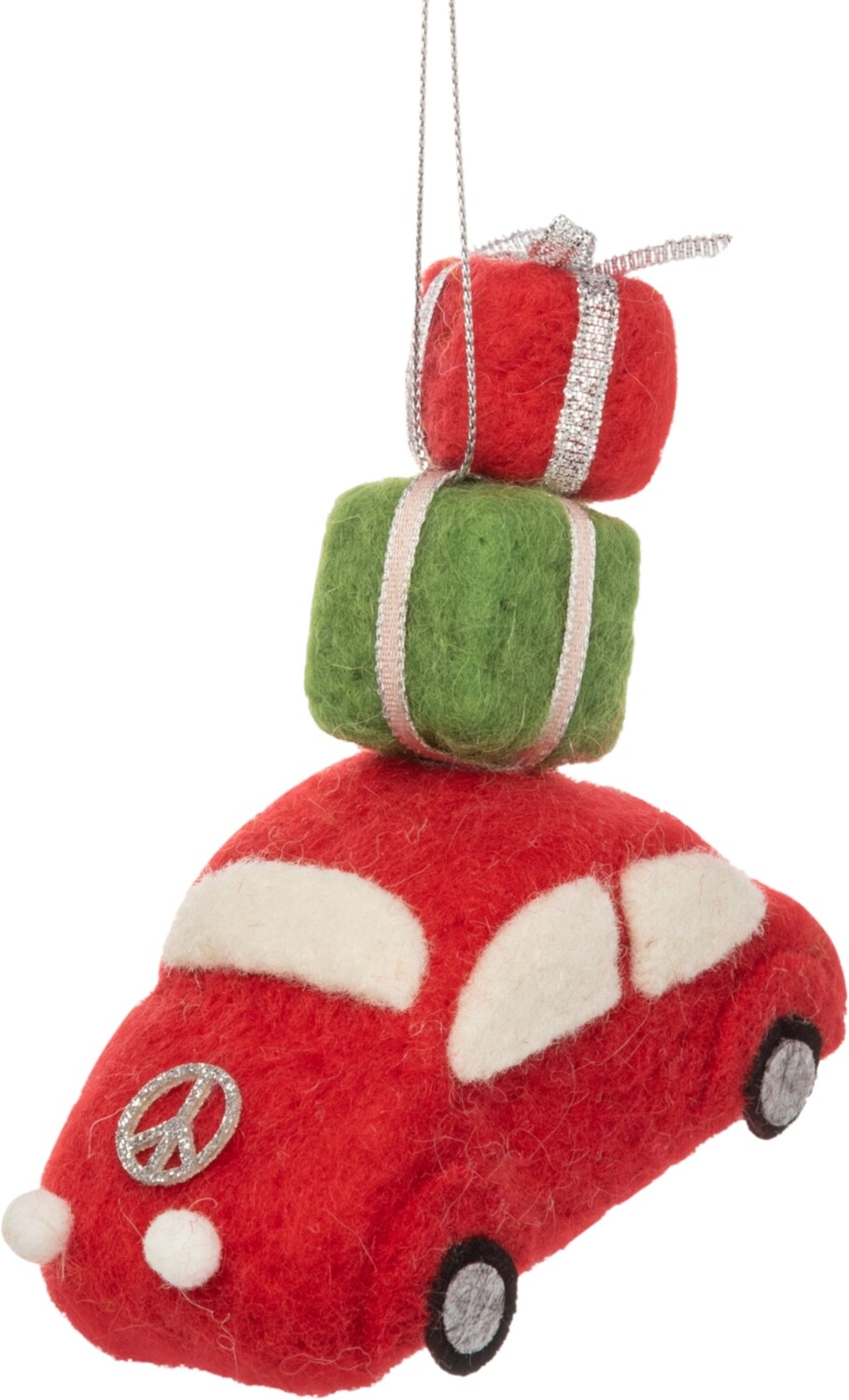 Felt car ornament with gifts, red, green and white, peace sign  4 in  8            