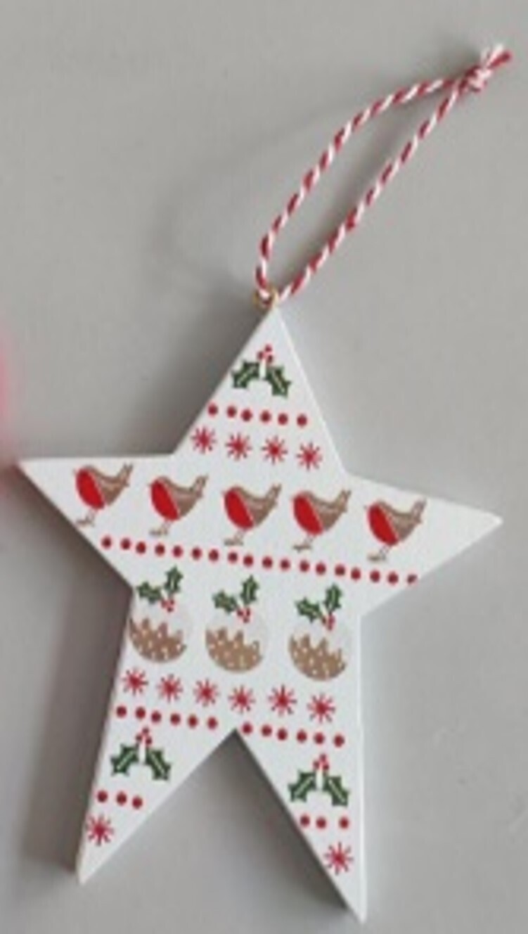 Printed wood star ornament, scandi bird pattern, 4.75 in  24            
