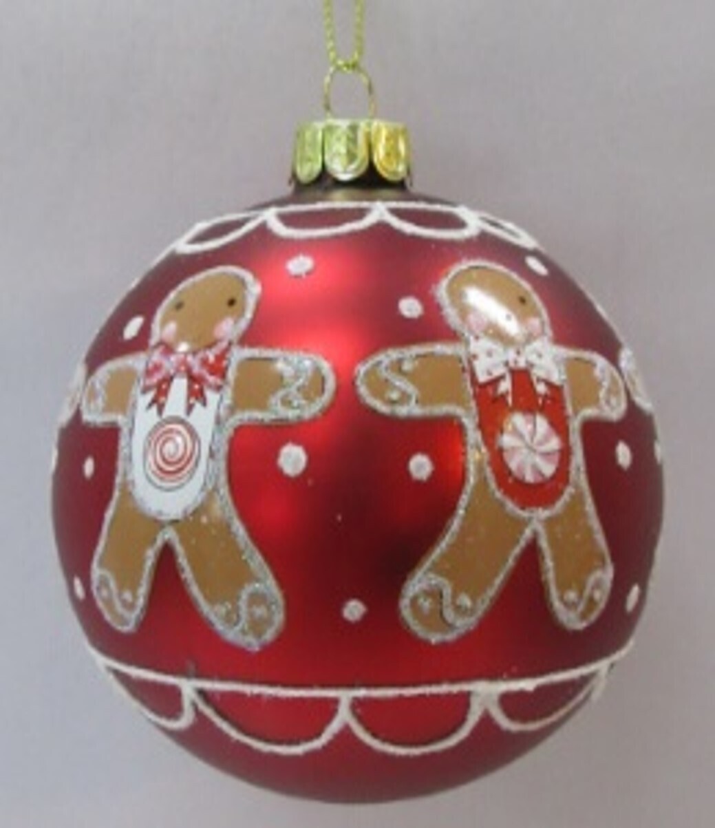 Glass ball ornament, matte red with gingerbread man pattern, 80mm/3 in  12      