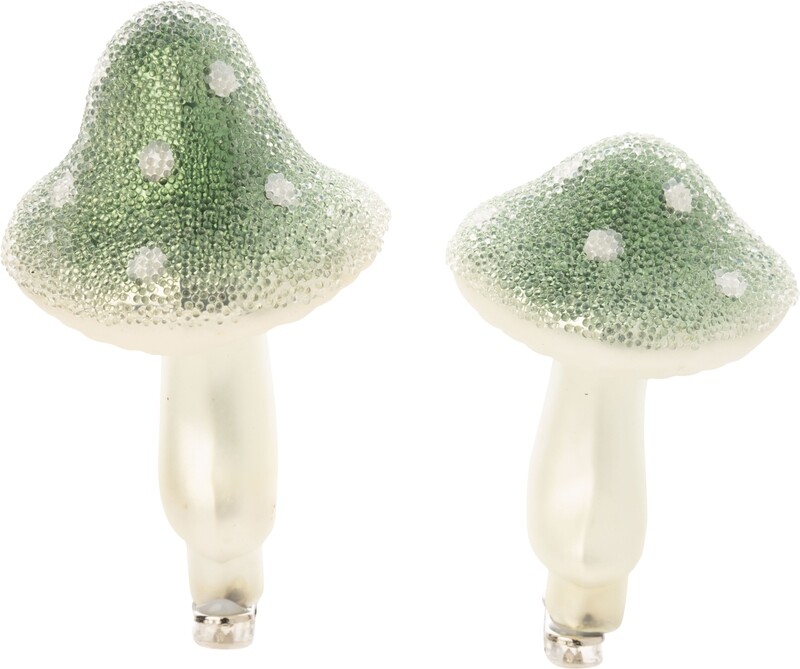 2 Asst&#39;d glass clip-on mushroom ornaments, green  and white with chunky bead finish, 3.5 in~4 in  24            