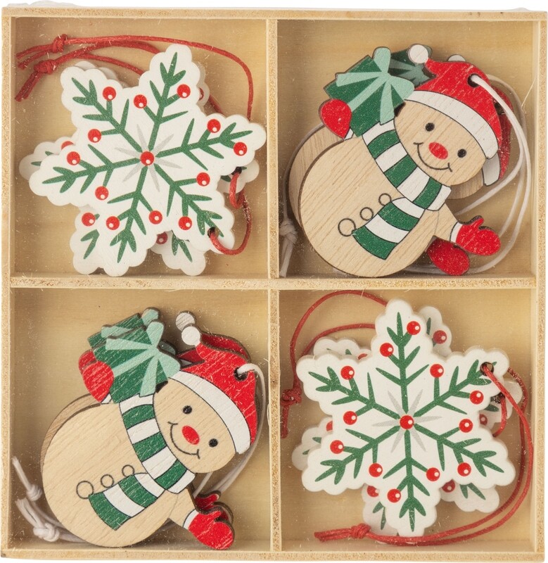 Set of 8 painted wood snowflake and snowman decs, each, 2 in  6            