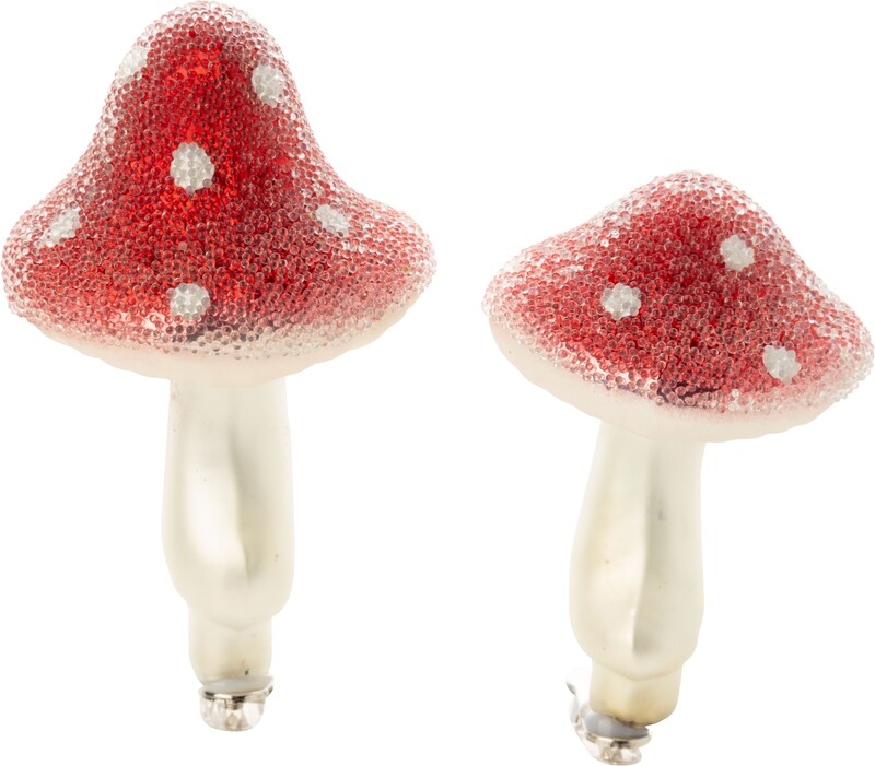 2 Asst&#39;d glass clip-on mushroom ornaments, red and white with chunky bead finish, 3.5 in~4 in  24            