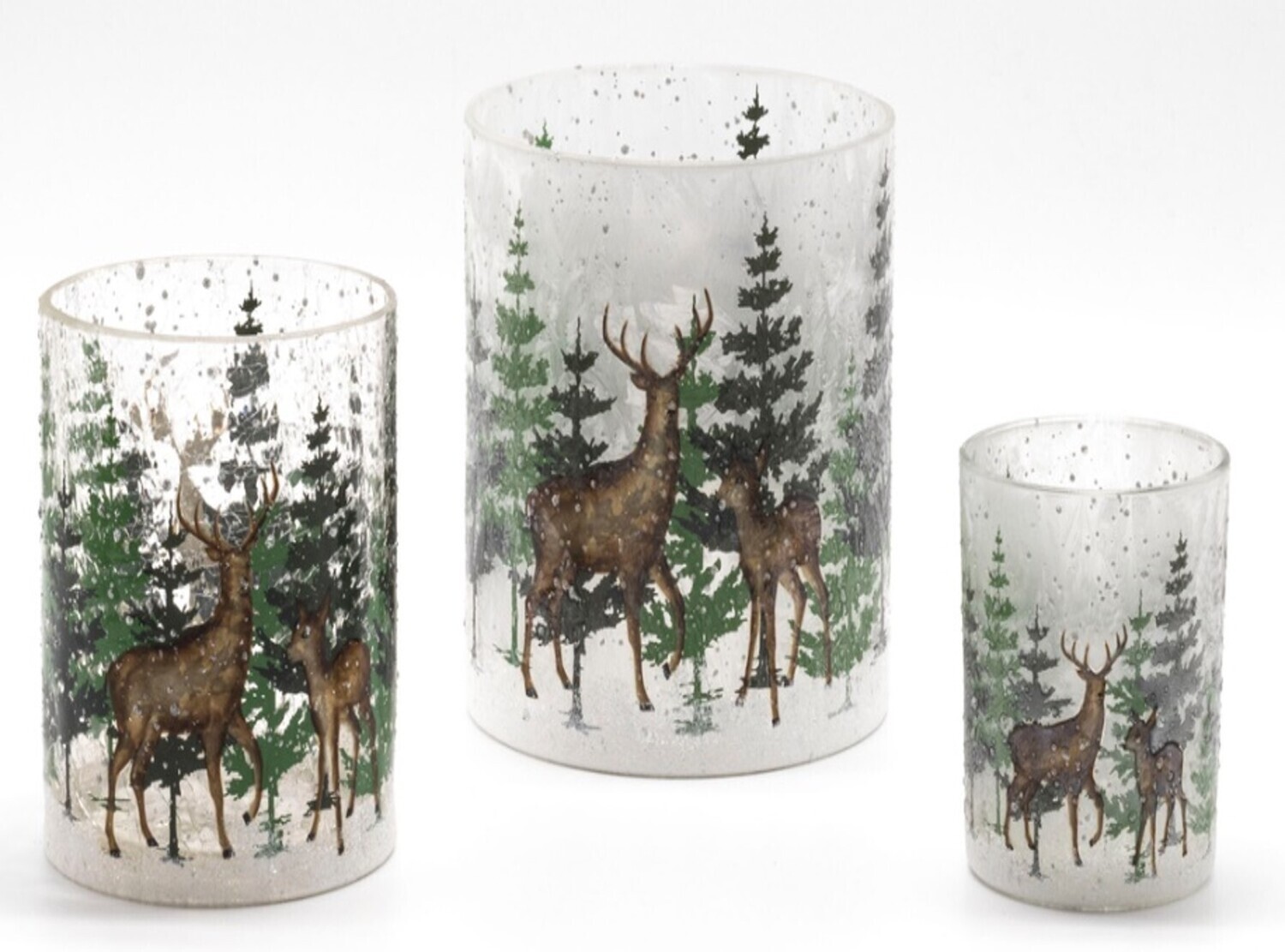 Glass holder table piece, deer in forest scene on frosted background, 4 in  6