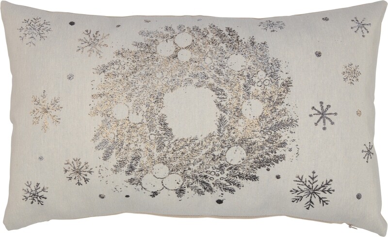 Linen coloured zippered rectangular cushion cover with printed wreath and snowflake pattern, pillow insert included, 12x20 in  6            