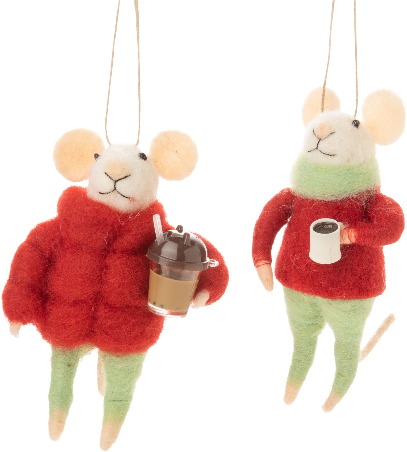 2 Asst&#39;d felt mouse in green and red winter gear with coffee, 4.5 in  12      