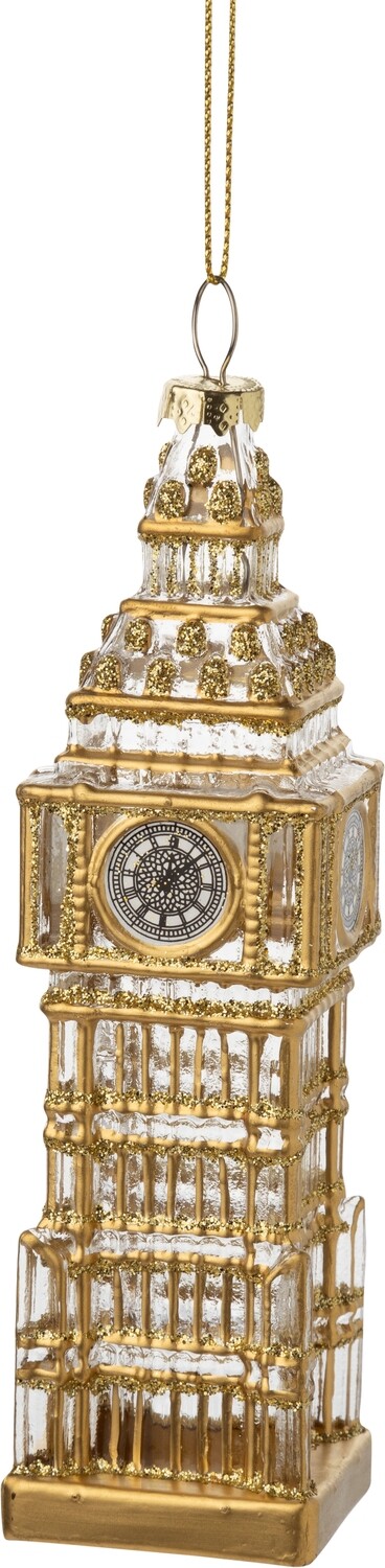 Glass Big Ben ornament, clear with fine gold detail, 6 in  6      