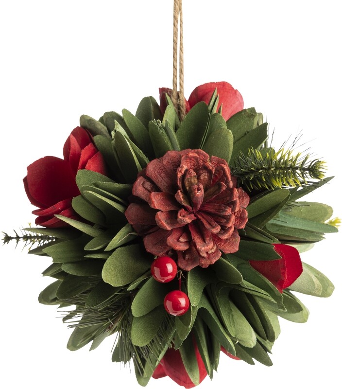 Green and red ball ornament, red and green floral decs, 5.5 in  8      