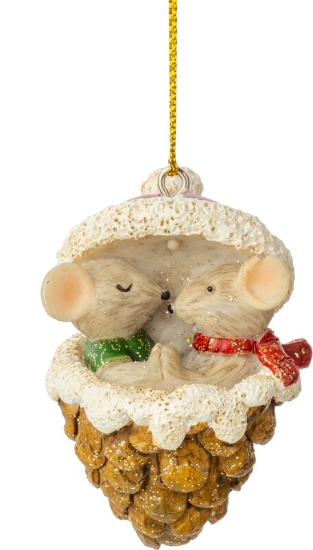 Painted resin mini mouse couple in pine cone ornament, red and green, 2.4 in  12      