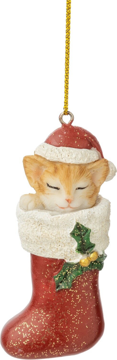 Painted resin kitty in Christmas stocking ornament, red, 3.25 in  12            
