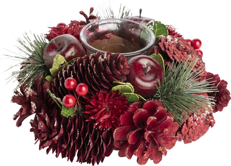 Round votive holder center piece, pine boughs and pine cones, red and green floral decs, 7 in  4      