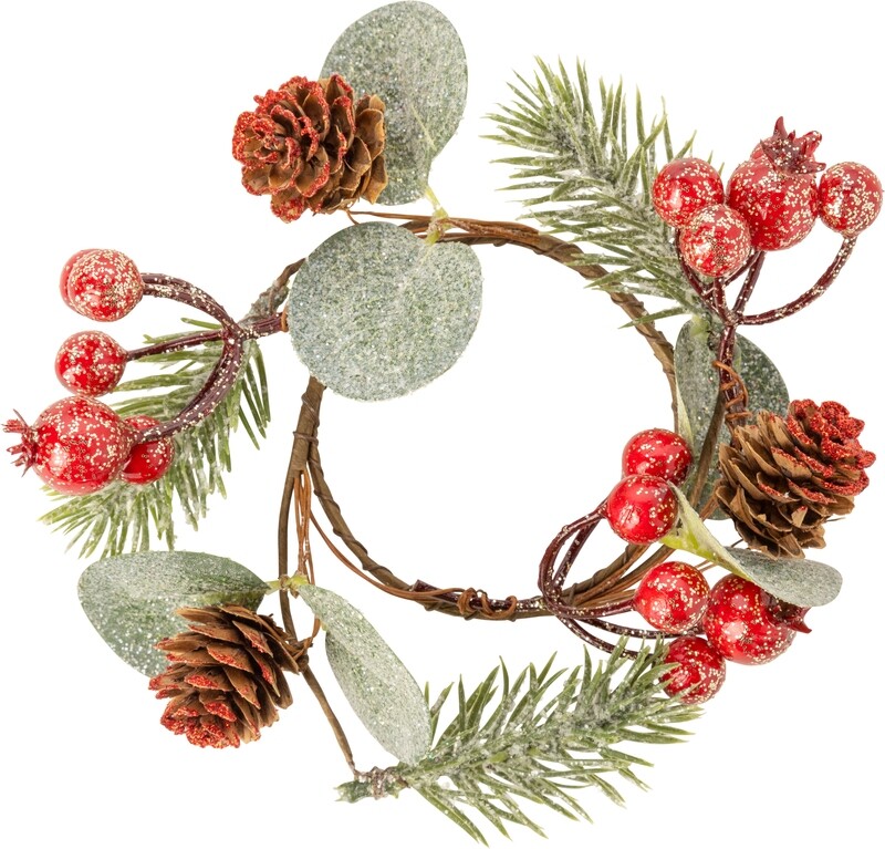 Small candle ring. Red  berries, greenery and pine cones, glittered, 2.4 in inner, 4.75 in total   12