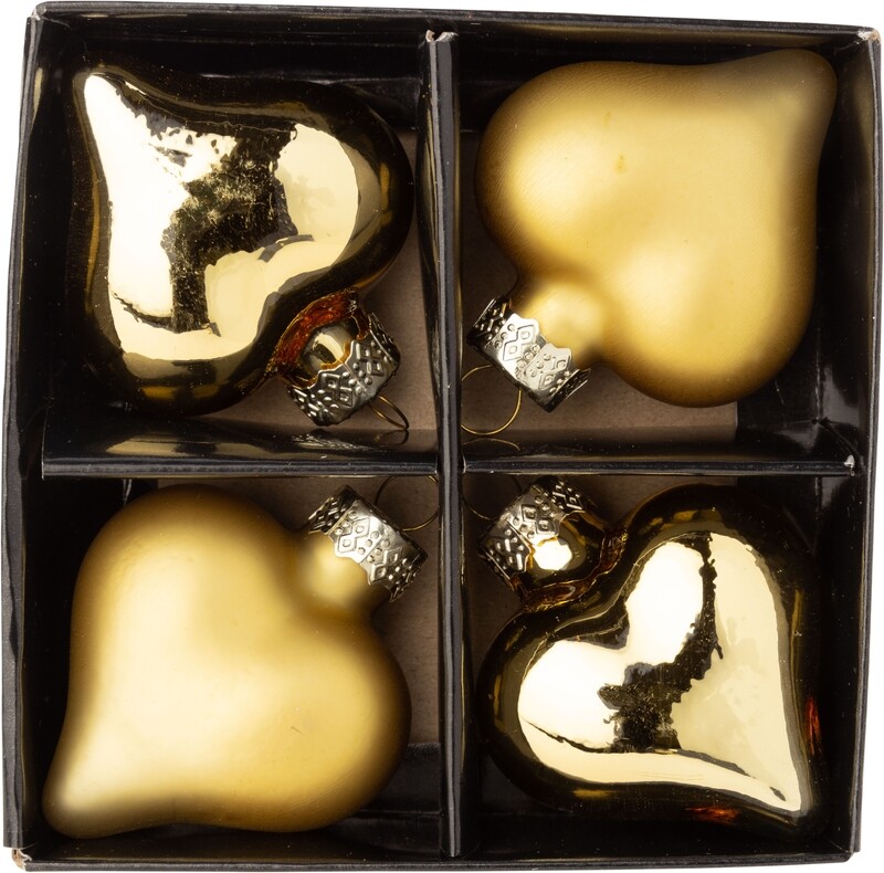 Set of 4 glass heart ornaments, matte and shiny gold, 2 in hearts  12
