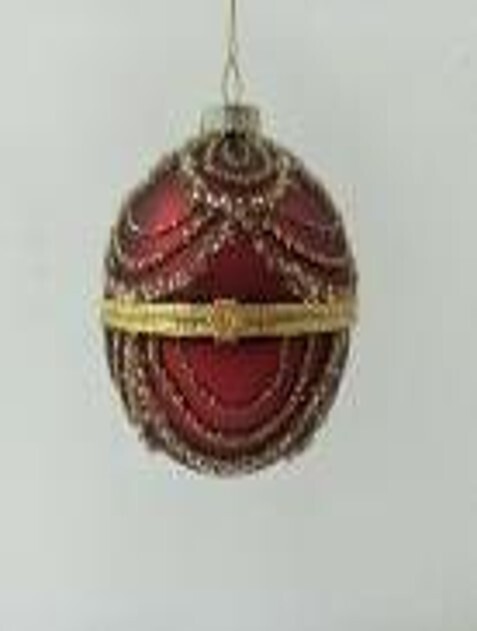 Glass trinket holder ball, matte red with gold glitter swags, gold metal hinge, 80mm/3 in  6            