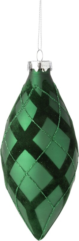 Glass Finial ornament, matte green with matching flock and glitter diagonal bands, 7 in  12            