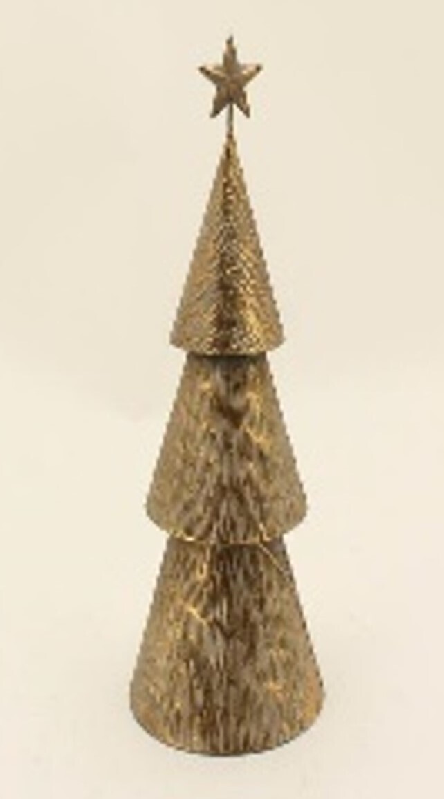 Antique gold tiered metal cone tree with embossed weave pattern, star top, 16 in  2            