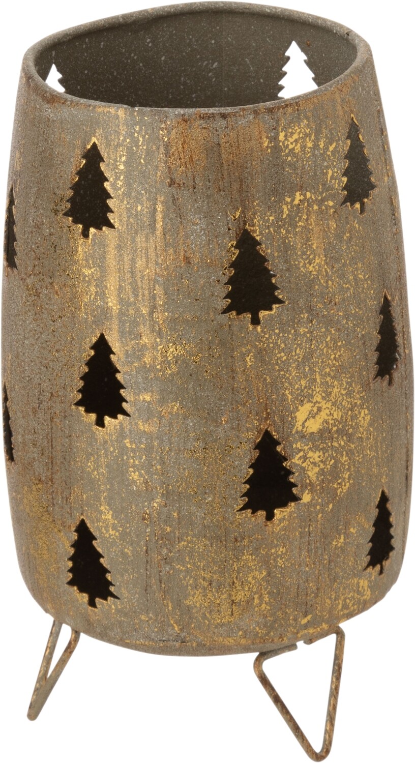 Antique Gold verdigris metal cylinder tea light holder, footed with pierced fir tree design, 4.5 in  6            