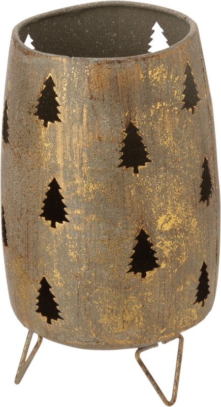 Antique Gold verdigris metal cylinder tea light holder, footed with pierced fir tree design, 4.5 in  6            